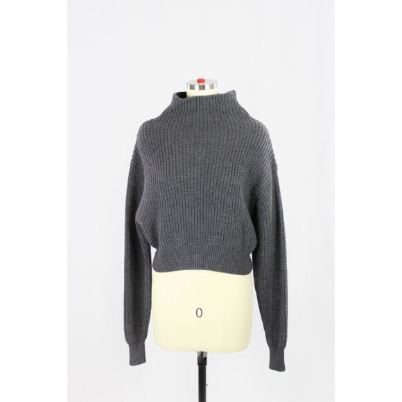 Aritzia WILFRED Montpellier Crop Coal Grey Wool Ribbed Mock Neck Sweater Size XL - Picture 1 of 15